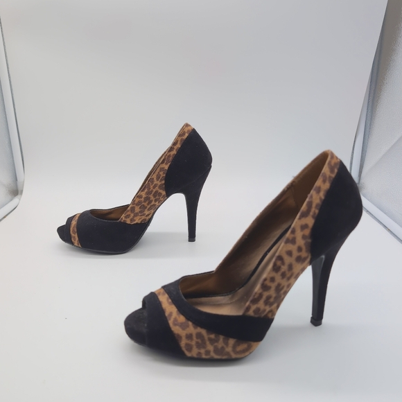 Leopard Print Black Peep Toe Heels By D Love Sz 7 - Picture 4 of 7